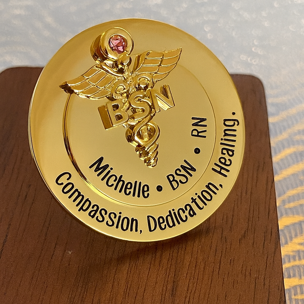 Gold RN Nursing Pin with Caduceus, Personalized Nurse Graduation Gift