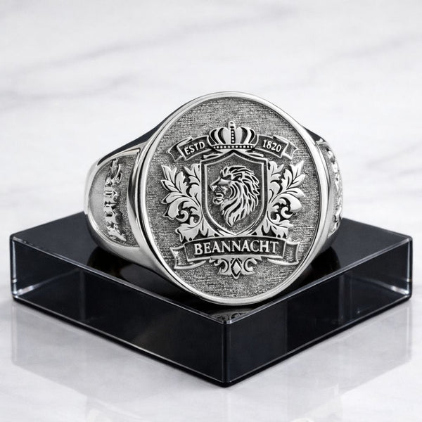 Custom Family Crest Signet Ring, Vintage Style Coat of Arms Sterling Silver