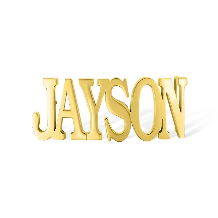 Polished gold belt buckle displaying the name 'JAYSON' in capitalized, cursive letters, isolated on a white background.