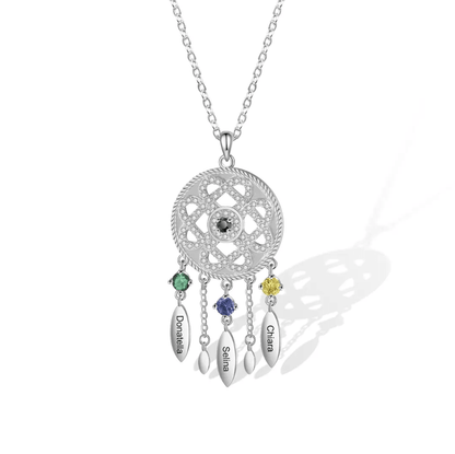 Silver filigree pendant necklace with gemstones and name tags: Daniella, Selina, Sahar, Chiara.