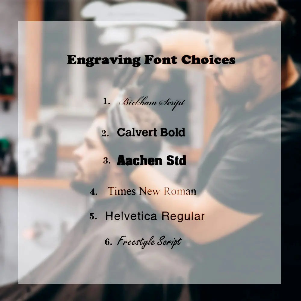 Font options available for personalised engraving on barber scissors and comb