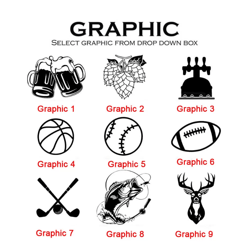 Selection of nine graphics for custom beer tap handles, including mugs, hops, tap, basketball, baseball, football, golf, fish, and deer designs.