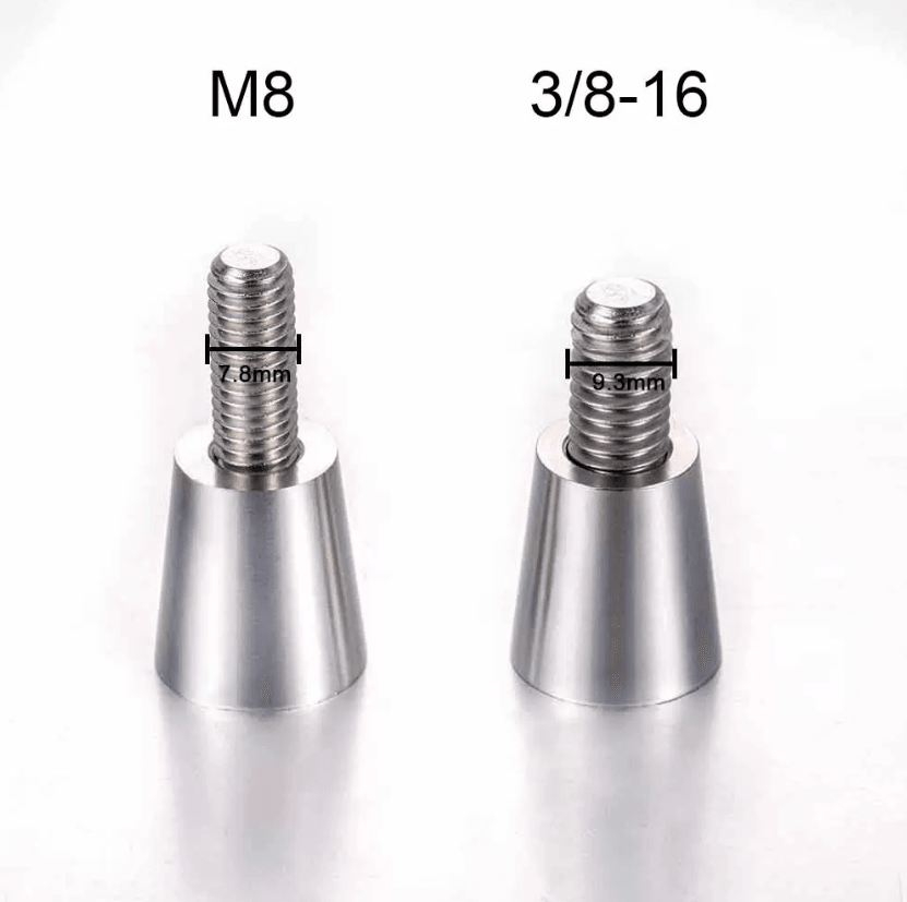 Two metal thread adapters for beer tap handles, labeled M8 (7.8mm) and 3/8-16 (9.3mm), showing size differences on a white background.