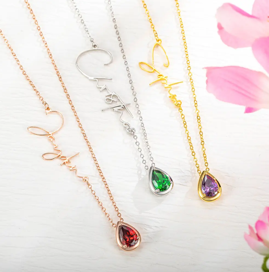 Personalized Sideways Name Necklace, Custom Name Necklace with Birthstone, Sterling Silver Off-Center Name Necklace