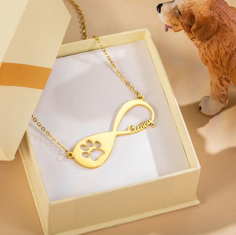 Pet Name Necklace | Personalized Name Pet Paw Memorial Necklace | Infinity Dog Name Necklace with Paw | Pet Lovers Gift