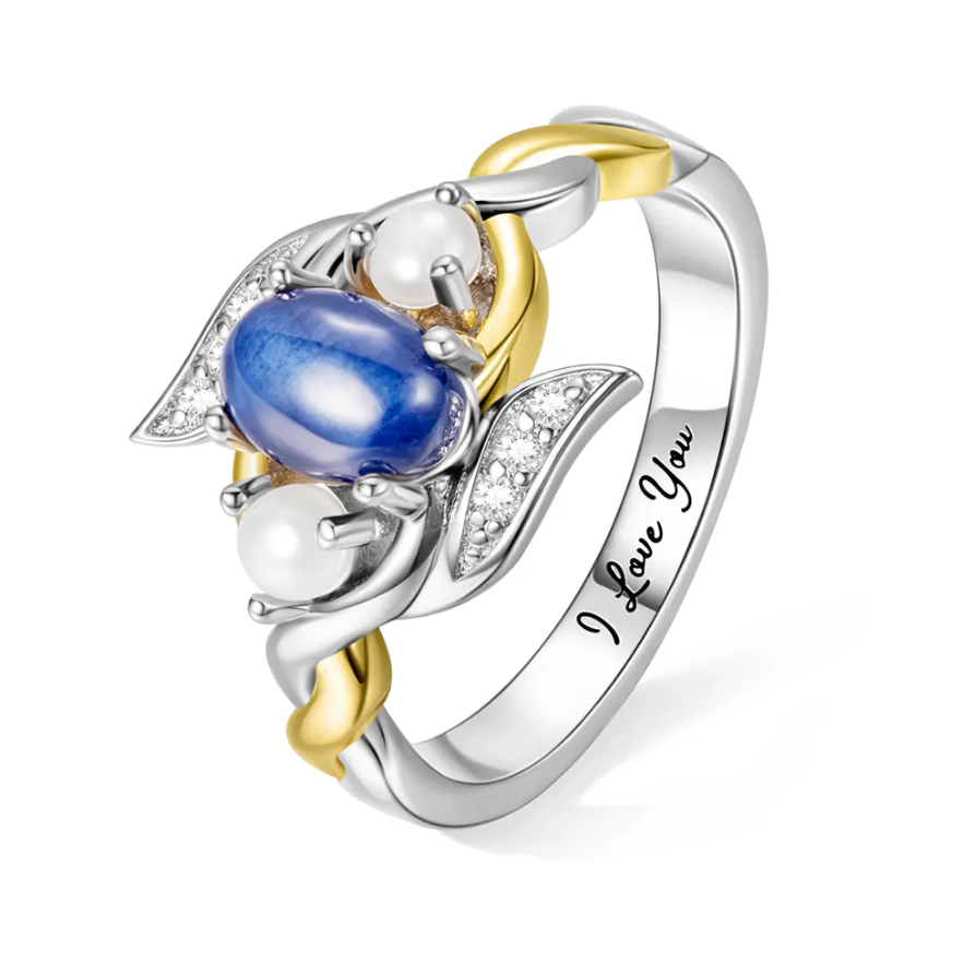 Blue Star Sapphire Ring - Engraved Starry Night Design, Platinum Plated Silver 925/Brass, Personalized Wedding Jewelry for Women