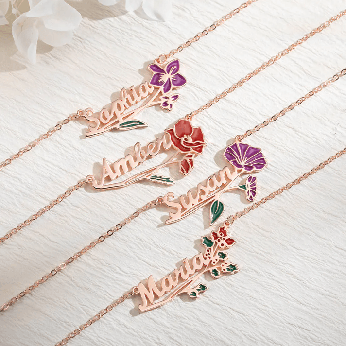 Custom Name and Birth Flower Necklace - A Unique Gift with Birthflower Charm for Mother's Day, Anniversaries, Weddings, and Valentine's Day