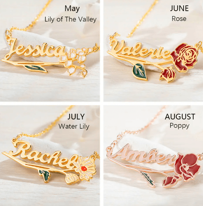 Custom Name and Birth Flower Necklace - A Unique Gift with Birthflower Charm for Mother's Day, Anniversaries, Weddings, and Valentine's Day
