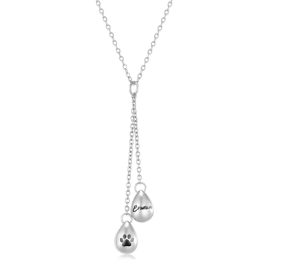 Silver Y-shaped necklace with two teardrop pendants, one engraved with 'Emma' and the other featuring a paw print