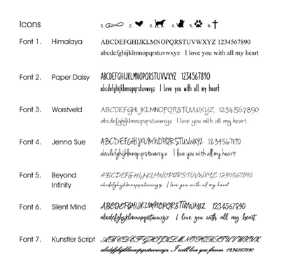 Sample sheet showing seven different font styles and six icons for personalizing engravings on products.