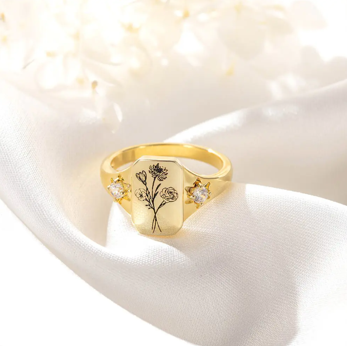 Birth Flower Signet Ring - Sterling Silver or Gold, Family Ring Bouquet Design, Perfect Gift for Her on Mother's Day