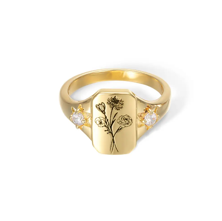 Birth Flower Signet Ring - Sterling Silver or Gold, Family Ring Bouquet Design, Perfect Gift for Her on Mother's Day