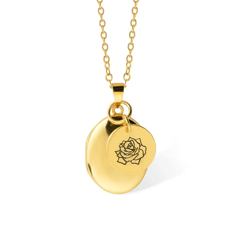 Gold Personalized Birth Flower Necklace with Oval Photo Locket, featuring an intricate rose engraving, displayed on a white background.