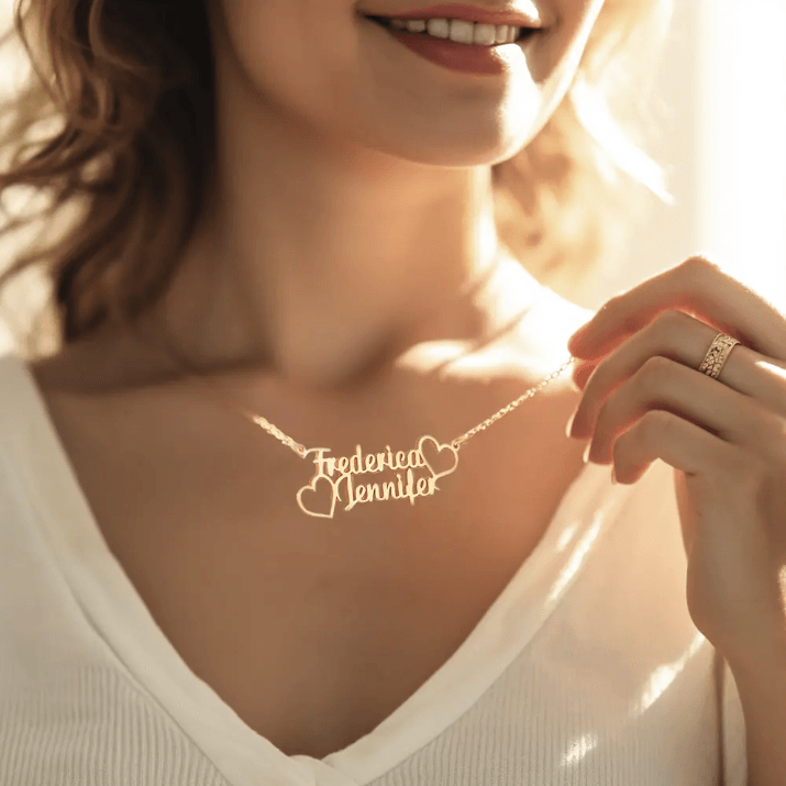 Custom Two- Name Necklace with Heart - Personalized Gold & Silver Pendant - Ideal for Couples, Mothers, Friends - Perfect Gift for Mother's Day