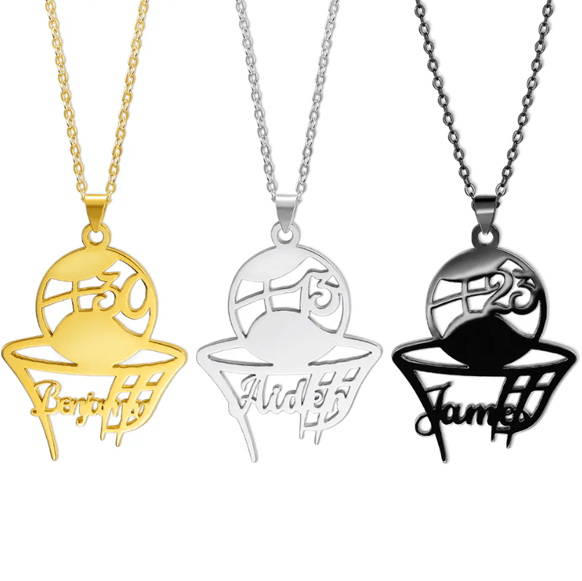 Set of three basketball pendant necklaces in gold, silver, and black, each engraved with a player's name and number.