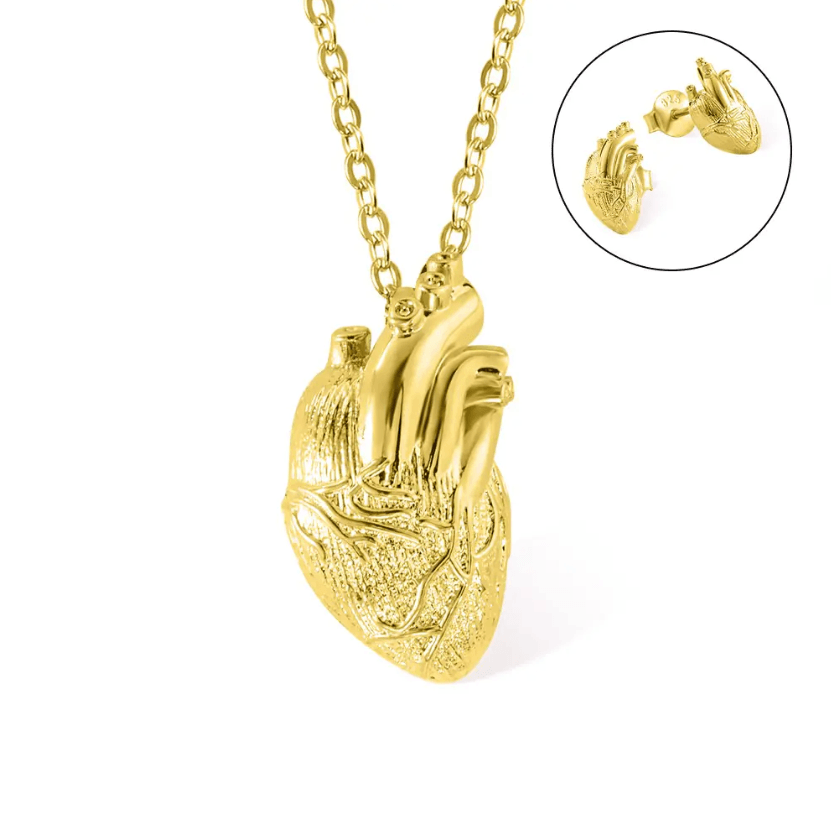 Gold anatomical heart pendant on a chain, detailed view highlighted against a white background.
