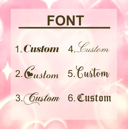 A pink background with six different custom font options for personalized text. Each font style is numbered from 1 to 6, displayed in various elegant and decorative designs.