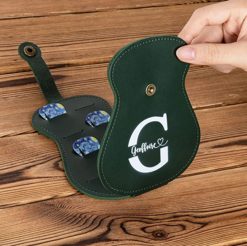 Custom Guitar Pick Holder with Personalized Name - Leather Keychain Case with 3 Starry Sky Picks - Perfect Gift for Guitarists