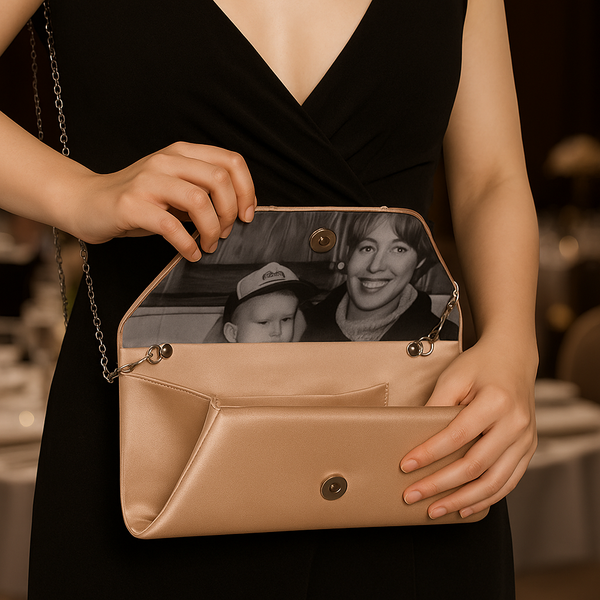 Personalized photo clutch bag with custom family image, perfect for meaningful gifts and special occasions