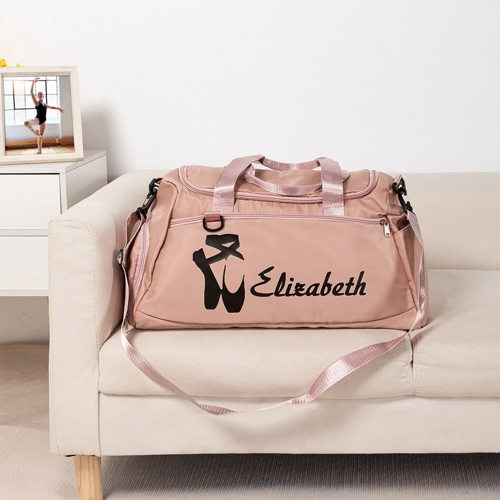 Pink personalized dance duffle bag with custom name and dancer design