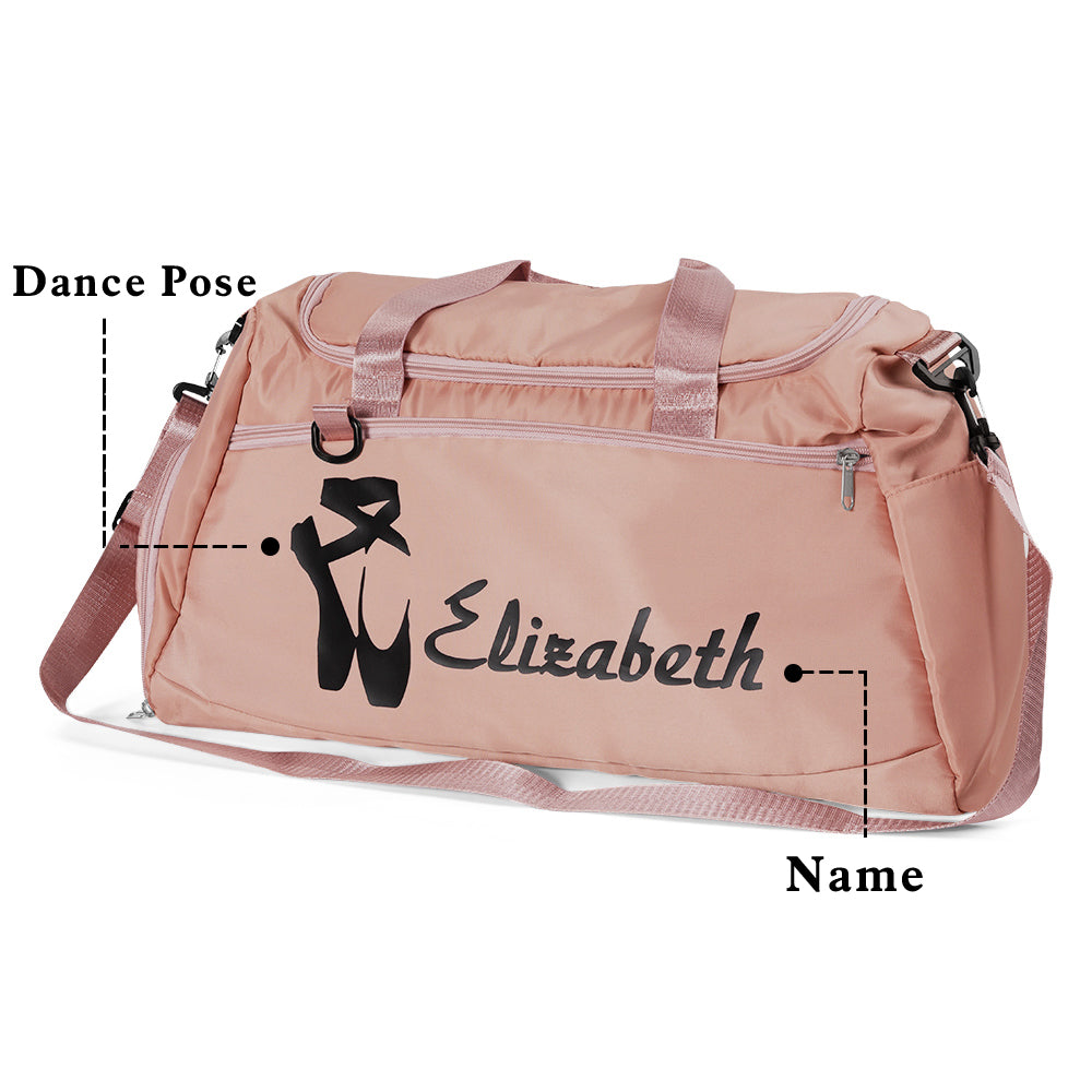 Pink custom name dance bag showing selectable dancer pose placement