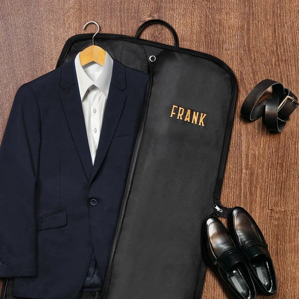 Personalized suit garment bag with embroidered name Frank, ideal for custom gifts and special occasions.