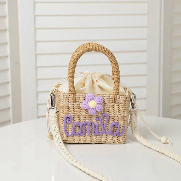 Personalized straw bag with name Camila and purple flower, custom gift for special occasions