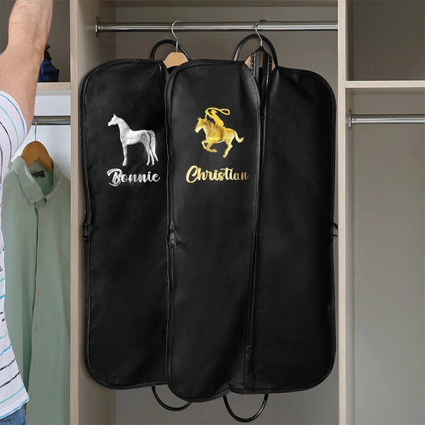 Personalized black garment bags with horse designs and names Bonnie & Christian, perfect custom gifts.