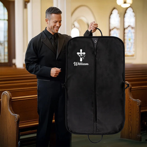 Personalized black garment bag with cross and dove, name William, for formal church events