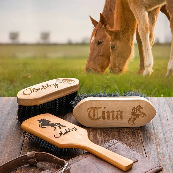 Personalized horse grooming brushes with engraved names and equestrian designs, perfect custom gifts for horse lovers.