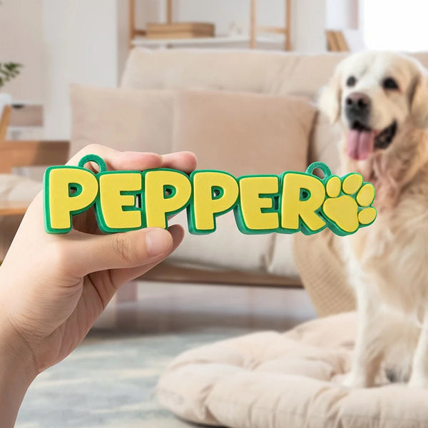 Custom pet name tag 'PEPPER' with paw print, personalized dog accessory for gifts