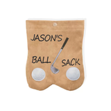 Tan flannelette golf ball sack with 'Jason's Ball Sack' printed on it, featuring a golf club graphic and two golf balls, with a snap button closure.