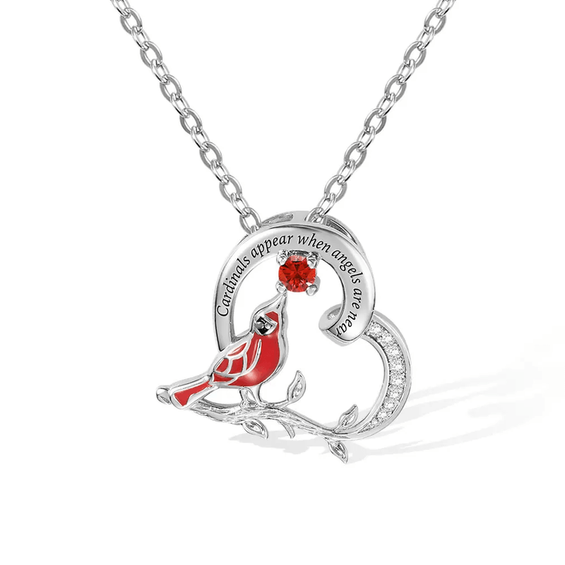 Silver cardinal necklace with a red birthstone and 'Cardinals appear when angels are near' engraving.