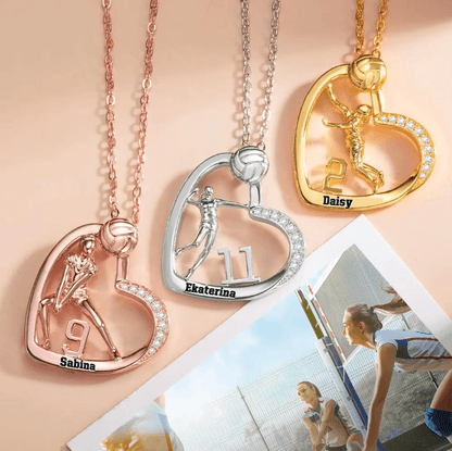 Three volleyball-themed necklaces in rose gold, silver, and gold, each featuring a player's figure, number, and name: Sabina (9), Ekaterina (11), Daisy (2), with a volleyball scene in the background.