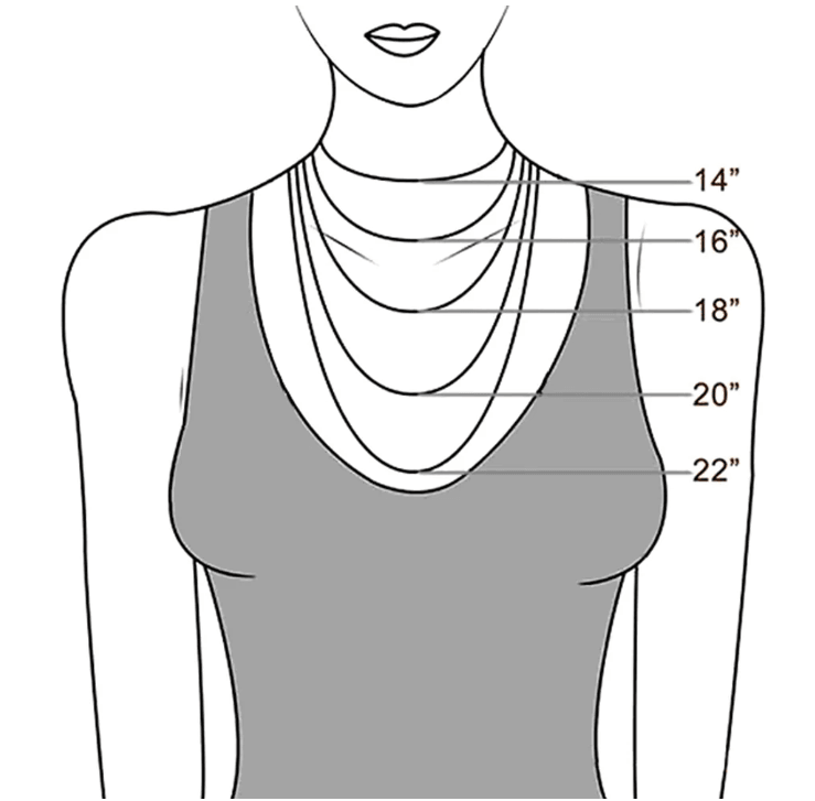 A diagram of a woman showing different necklace lengths: 14", 16", 18", 20", and 22", each indicated by a line showing where they fall on the chest.