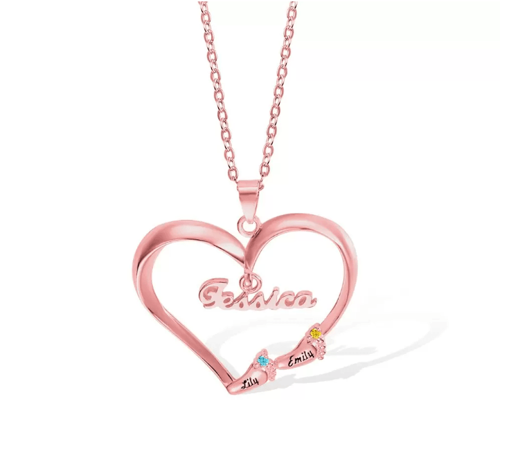 A rose gold heart-shaped necklace with "Jessica" inscribed and two names, Lily and Emily, adorned with colorful gemstones at the bottom.