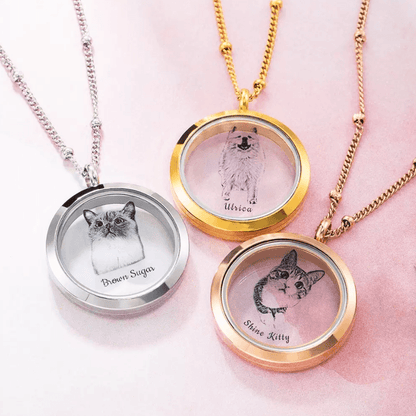 Collection of pet memorial lockets in silver, gold, and rose gold, each with engraved pet images and names