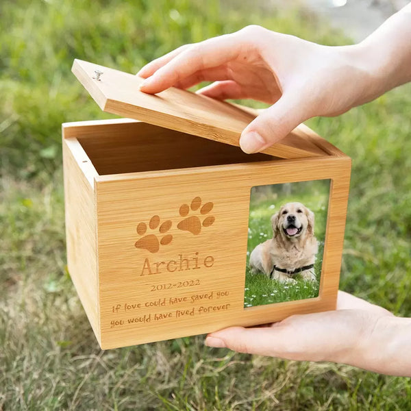 Personalized Pet Ashes Box with Photo, Wooden Keepsake for Dog & Cat Memorial, Custom Engraved