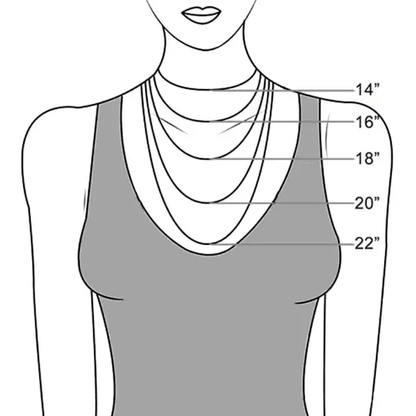 Diagram showing various necklace lengths on a woman's silhouette, ranging from 14 inches to 22 inches