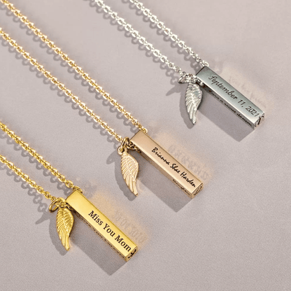 Collection of engraved bar urn necklaces with feather charms in silver and gold, featuring personalized messages