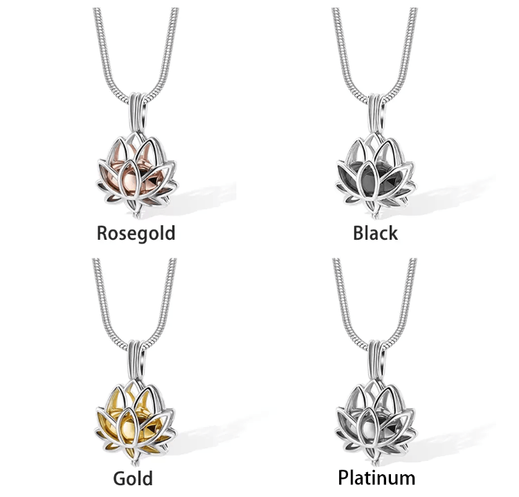 Variety of lotus cremation urn necklaces in rosegold, black, gold, and platinum colors on silver chains.