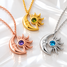 Birthstone moon and sun necklaces in gold rose gold and silver