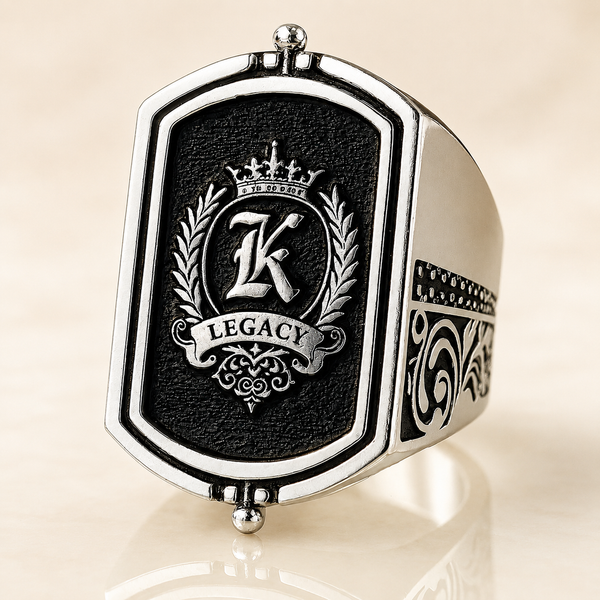 Personalized Family Crest Flip Ring for Men, Engraved Signet (925 Silver/Brass)