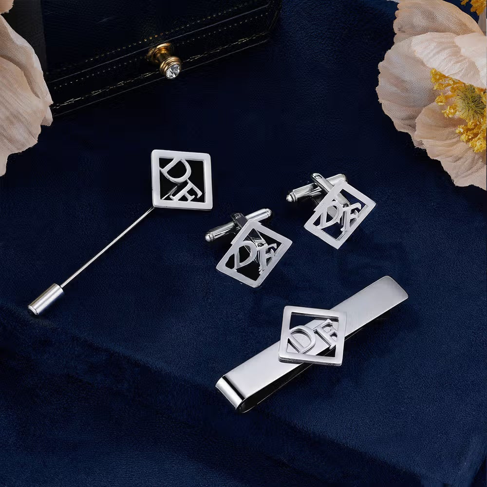 Silver geometric monogram cufflinks, tie bar and lapel pin set with custom initials