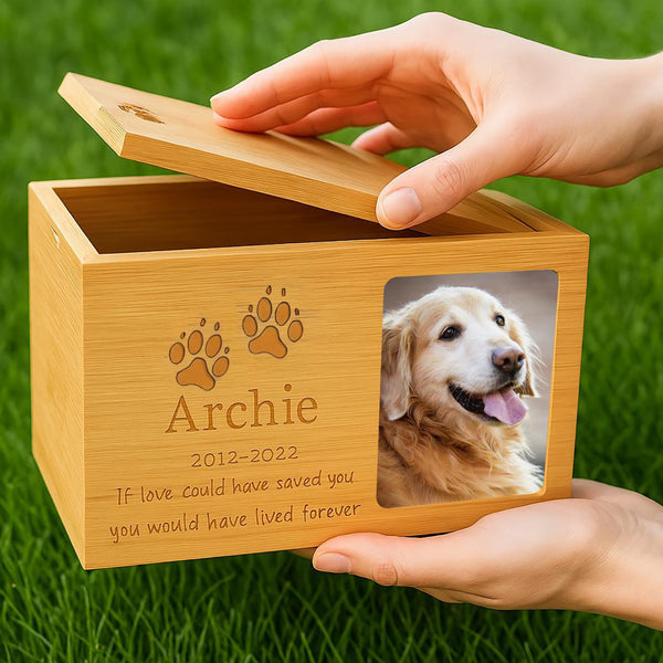 Custom Pet Cremation Urn with Photo, Wooden Memorial Box for Dog & Cat Ashes, Engraved Keepsake