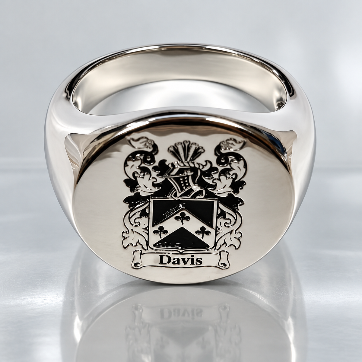 Polished silver signet ring with custom engraved Davis family coat of arms