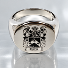 Polished silver signet ring with custom engraved Davis family coat of arms