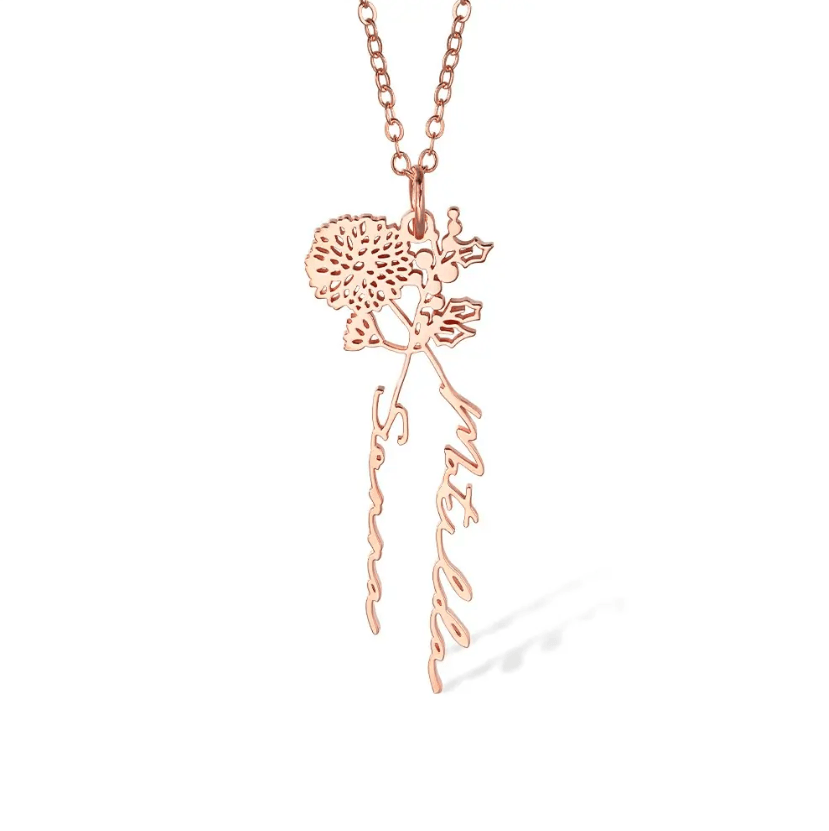 Personalized Birth Flower Necklace in rose gold with custom names "Sienna" and "Matilda," showcasing delicate and intricate floral design.