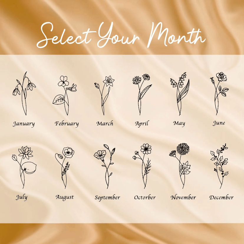 Chart of birth flowers for each month from January to December on a beige background with the text "Select Your Month" at the top.