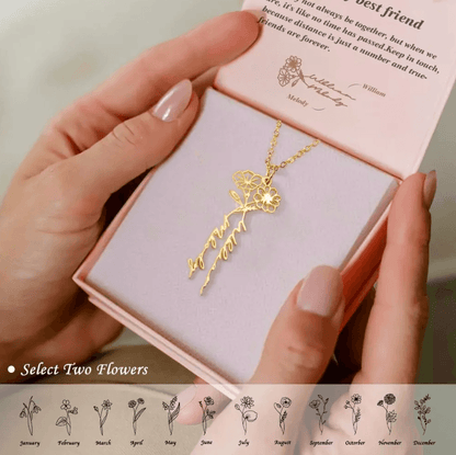 Hands holding a gift box with a gold Personalized Birth Flower Necklace featuring custom names, alongside a chart of birth flowers for each month.